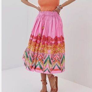 NEW Anthropologie Roopa Pink Floral A-Line Full Cottagecore Circle Midi Skirt S